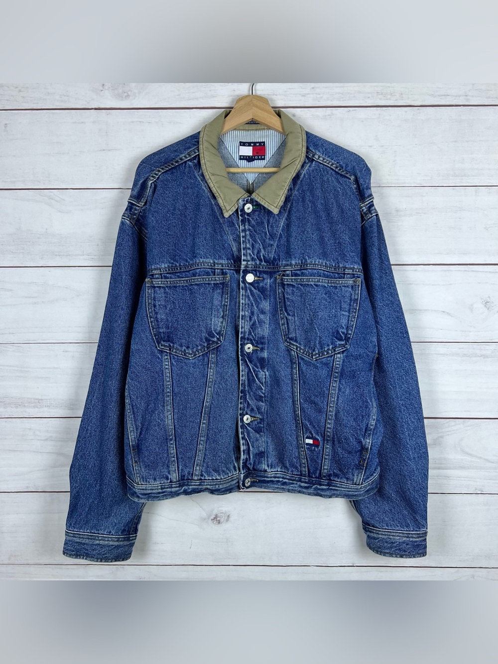 Vintage Tommy Hilfiger Jacket Mens XL Denim Tan Collar Button Up Trucker 90s